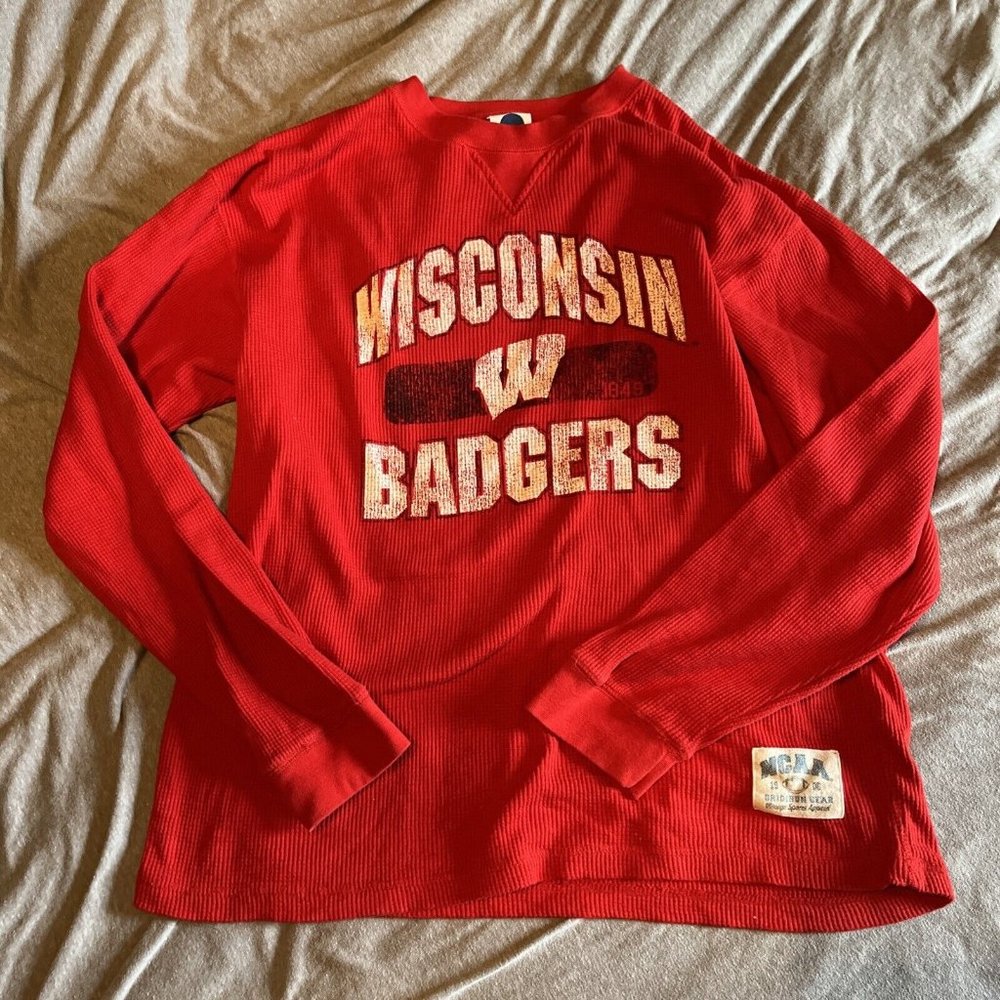 Wisconsin Badgers Long Sleeve Shirt Large Waffle Knit Thermal Crew Neck Vintage